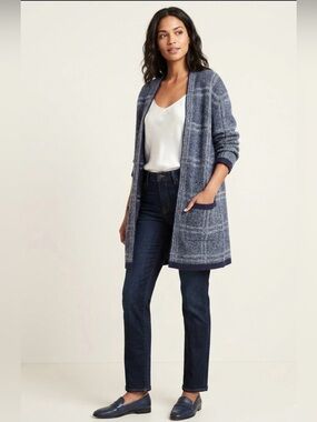 Banana Republic Plaid Open-Front Cardigan/Sweater Coat Navy Blue and Gray